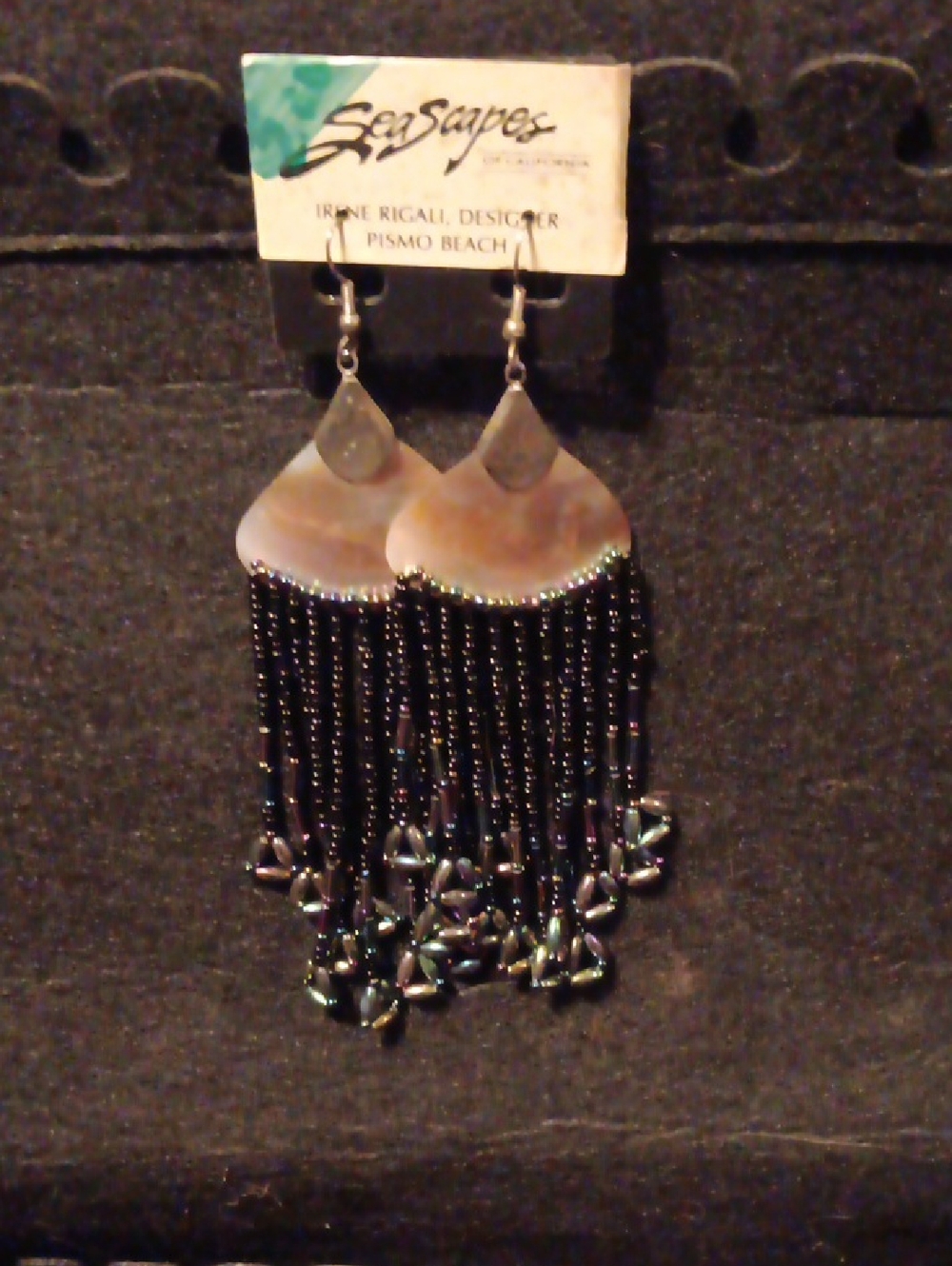 Black Beaded Fringe Shell Drop Earrings